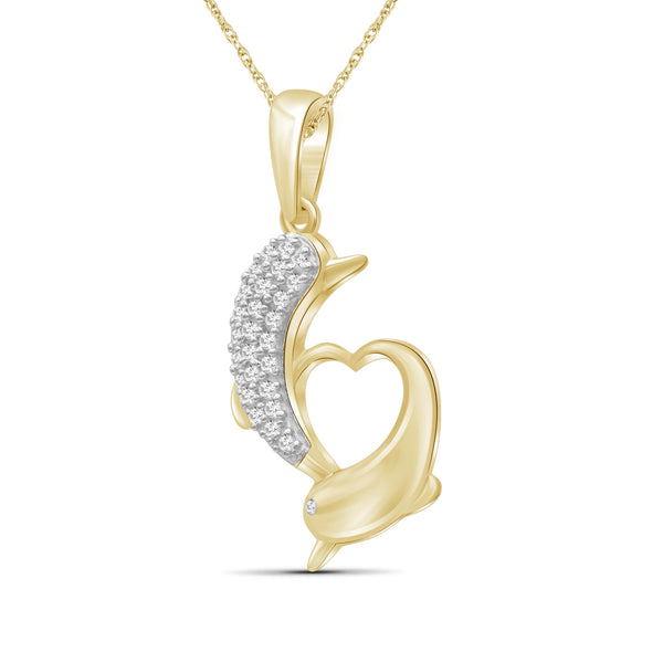 JewelonFire 1/7 Ctw White Diamond 14K Gold over Silver Dolphins Pendant