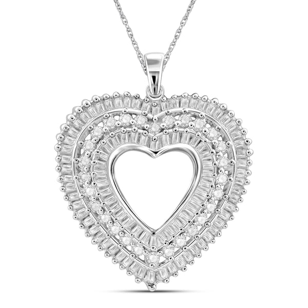 JewelonFire 1 Carat T.W. Round and Baguette-Cut White Diamond Sterling Silver Heart Pendant - Assorted Colors