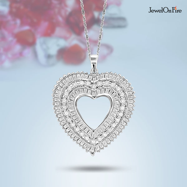 JewelonFire 1 Carat T.W. Round and Baguette-Cut White Diamond Sterling Silver Heart Pendant - Assorted Colors