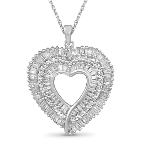 JewelonFire 1 Carat T.W. Round and Baguette-Cut White Diamond Sterling Silver Heart Pendant - Assorted Colors