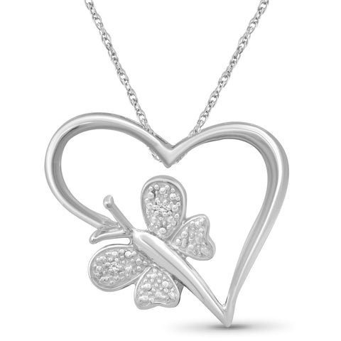 JewelonFire White Diamond Accent Sterling Silver Heart and Butterfly Pendant - Assorted Colors