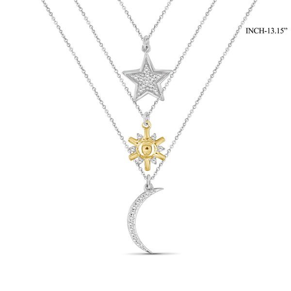 JewelonFire 1/10 Ctw White Diamond Two-Tone Sterling Silver Sun, Moon & Star Layer Pendant