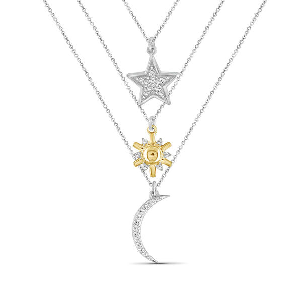 JewelonFire 1/10 Ctw White Diamond Two-Tone Sterling Silver Sun, Moon & Star Layer Pendant