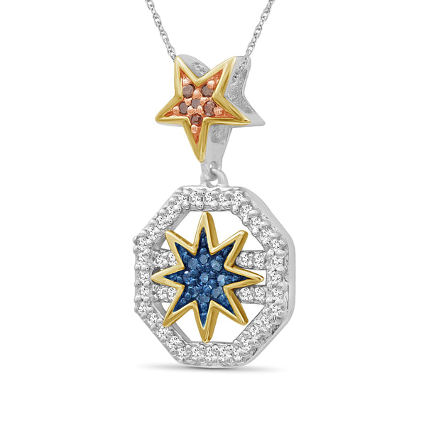 JewelonFire 1/5 Carat T.W. Multicolor Diamond Three Tone Silver Star Octagon Pendant