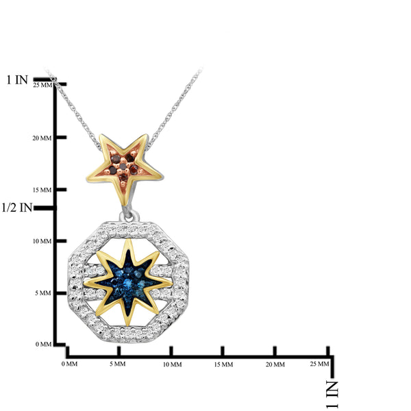 JewelonFire 1/5 Carat T.W. Multicolor Diamond Three Tone Silver Star Octagon Pendant