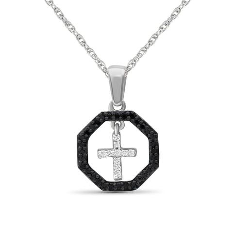 JewelonFire 1/7 Carat T.W. Black And White Diamond Sterling Silver Cross Octagon Pendant - Assorted Colors