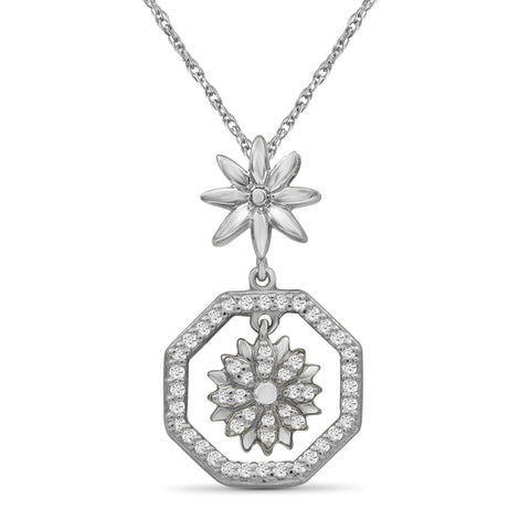 JewelonFire 1/7 Carat T.W. White Diamond Sterling Silver Flower Octagon Pendant - Assorted Colors