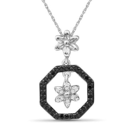 JewelonFire 1/7 Carat T.W. Black And White Diamond Sterling Silver Flower Octagon Pendant - Assorted Colors