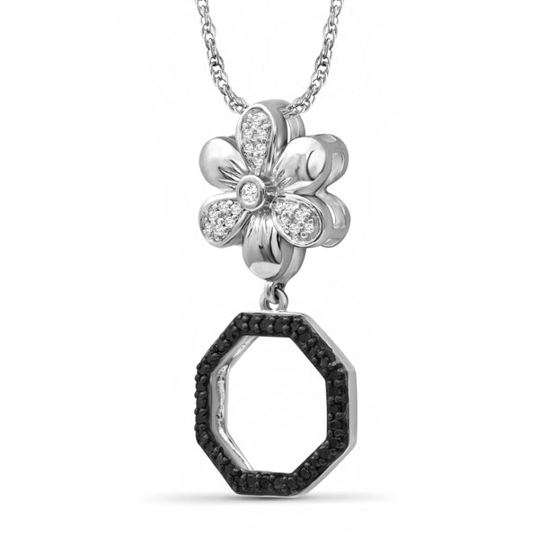 JewelonFire 1/7 Carat T.W. Black And White Diamond Sterling Silver Flower Octagon Pendant - Assorted Colors