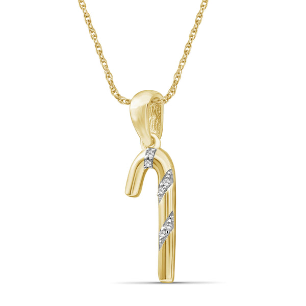 JewelonFire Accent Genuine White Diamonds Candy Cane Pendant Necklace in Gold over Silver