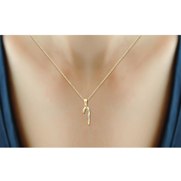 JewelonFire Accent Genuine White Diamonds Candy Cane Pendant Necklace in Gold over Silver