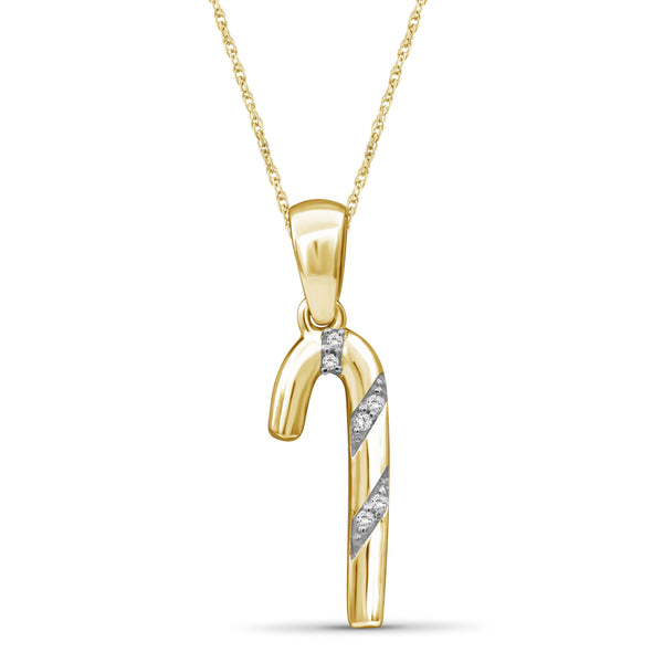 JewelonFire Accent Genuine White Diamonds Candy Cane Pendant Necklace in Gold over Silver