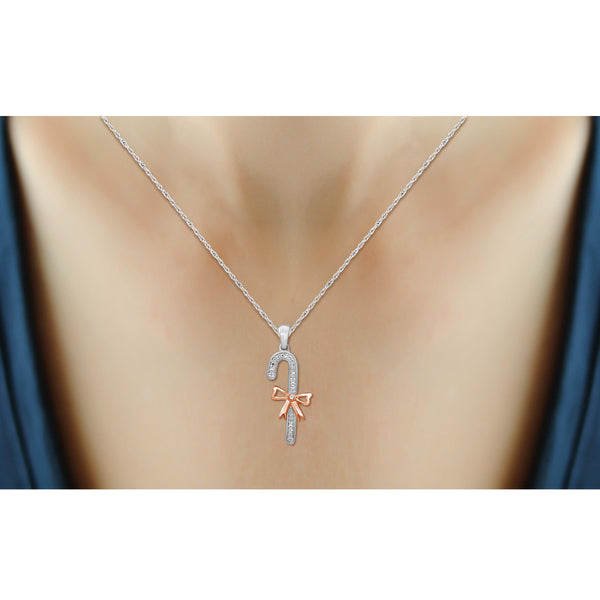 JewelonFire Accent Genuine White Diamonds Candy Cane with Ribbon Pendant in Two-tone Silver