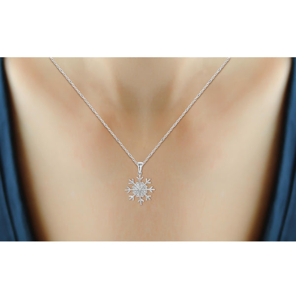 JewelonFire Accent Genuine White Diamonds Snowflake Pendant Necklace in Sterling Silver