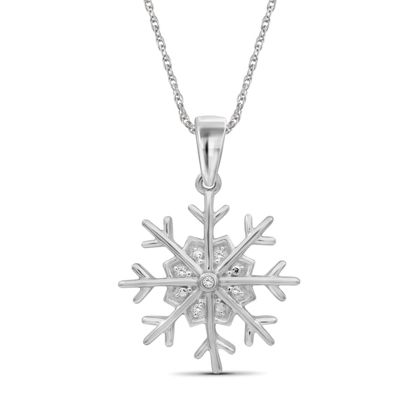 JewelonFire Accent Genuine White Diamonds Snowflake Pendant Necklace in Sterling Silver