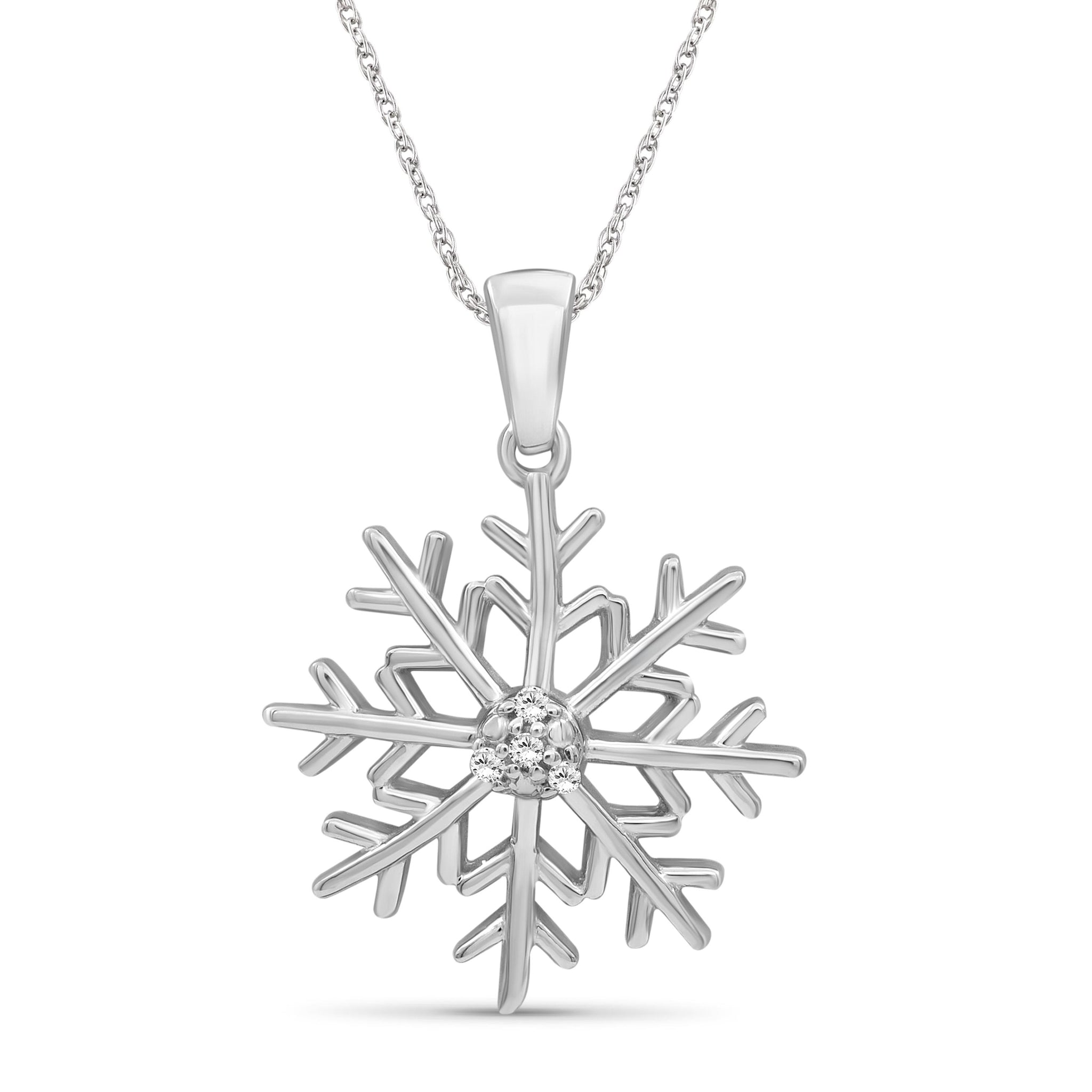 JewelonFire Accent Genuine White Diamonds Snowflake Pendant Necklace in Sterling Silver