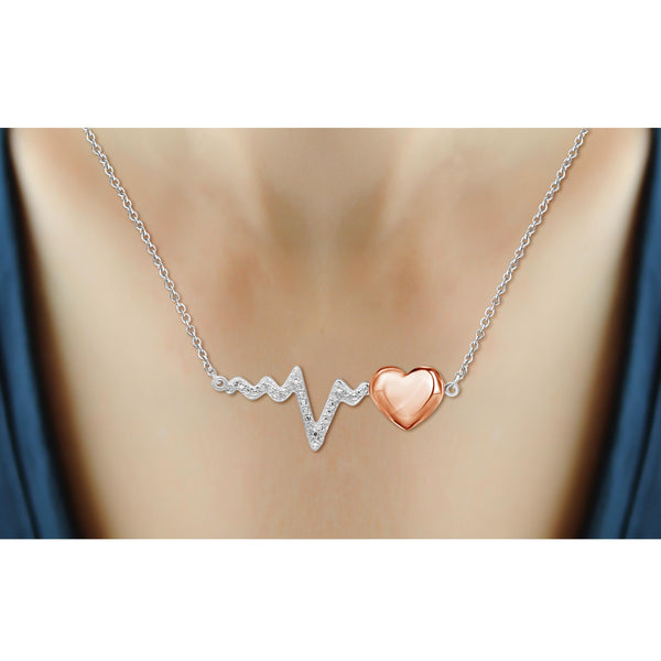 JewelonFire Accent Genuine White Diamonds Heartbeat Necklace in Two-Tone Sterling Silver