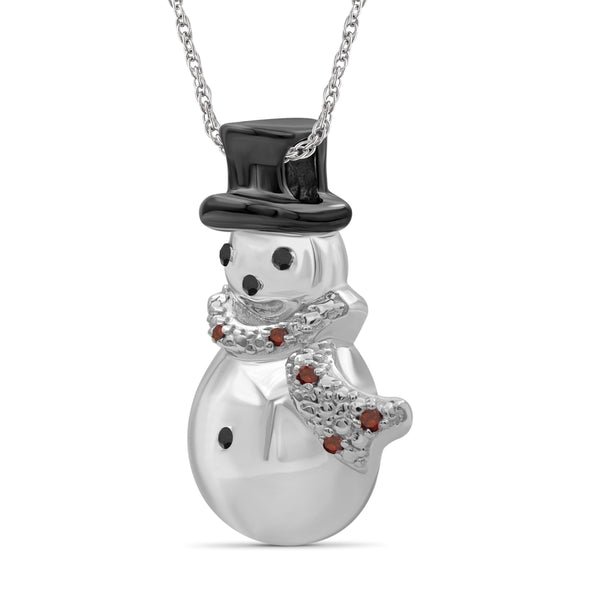 JewelonFire Accent Black and Red Diamonds Snowman Pendant in Sterling Silver