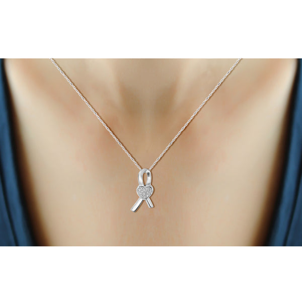 JewelonFire Accent White Diamond Ribbon Heart Pendant in Sterling Silver