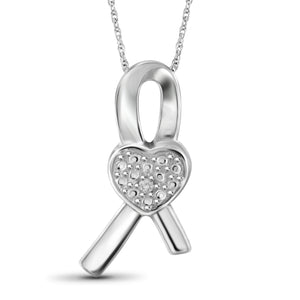 JewelonFire Accent White Diamond Ribbon Heart Pendant in Sterling Silver