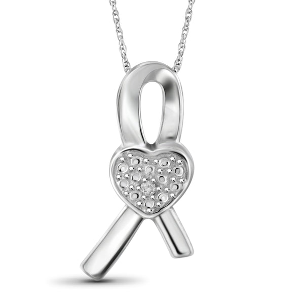 JewelonFire Accent White Diamond Ribbon Heart Pendant in Sterling Silver