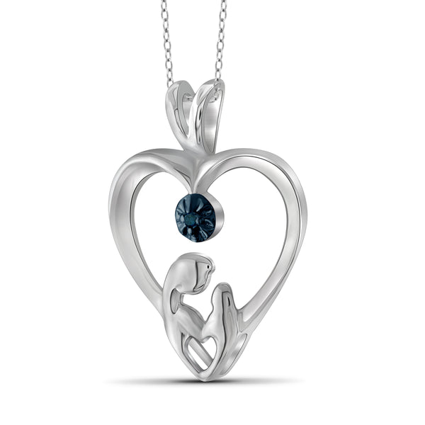 JewelonFire Blue Diamond Accent Sterling Silver Mother and Child Heart Pendant