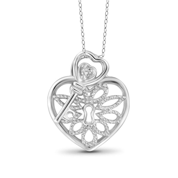 JewelonFire White Diamond Accent Sterling Silver Key with Heart Pendant - Assorted Colors