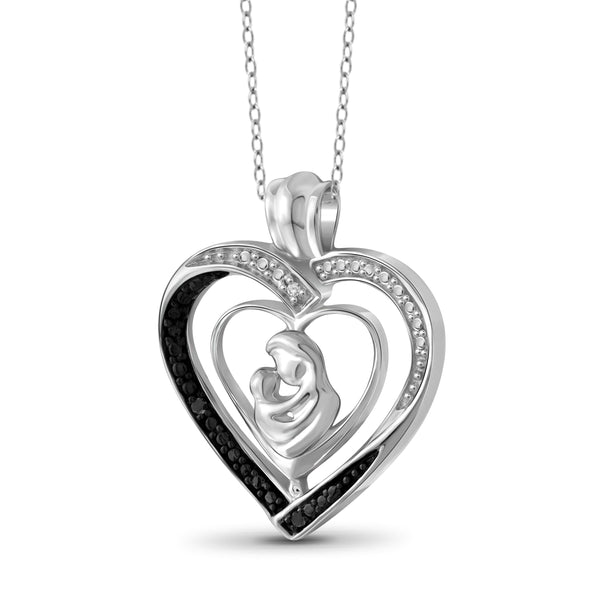 JewelonFire Black and White Diamond Accent Sterling Silver Mother and Child Heart Pendant - Assorted Colors