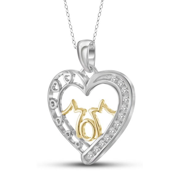 JewelonFire 1/10 Carat T.W. White Diamond Two-Tone Sterling Silver Mom Heart Pendant