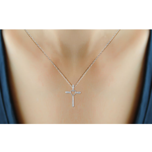 JewelonFire Accent White Diamond Heart Cross Pendant in Sterling Silver