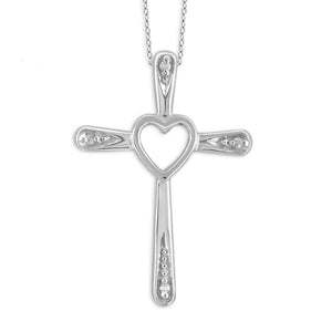 JewelonFire Accent White Diamond Heart Cross Pendant in Sterling Silver