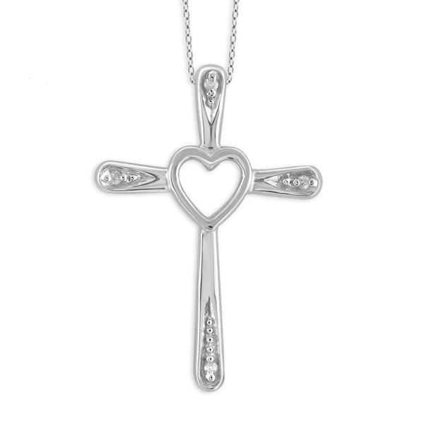 JewelonFire Accent White Diamond Heart Cross Pendant in Sterling Silver