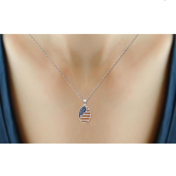 JewelonFire 1/4 Carat T.W. Multi Color Diamond Sterling Silver American Flag Oval Shape Pendant