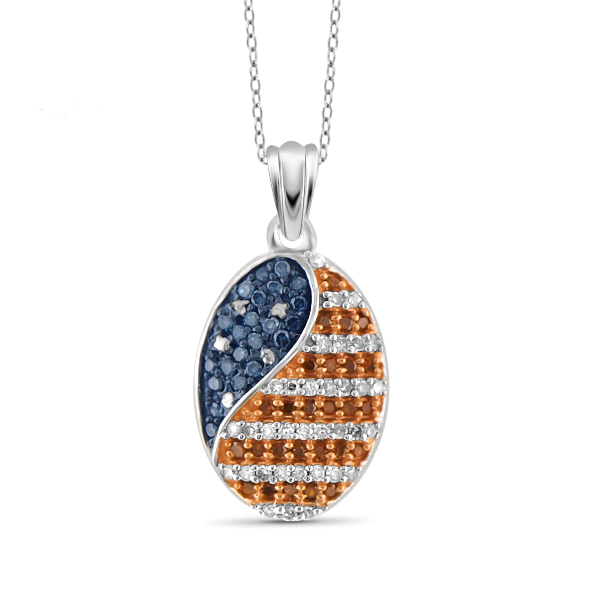 JewelonFire 1/4 Carat T.W. Multi Color Diamond Sterling Silver American Flag Oval Shape Pendant