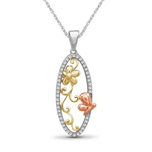 JewelonFire 1/5 Ctw White Diamond Tri-Tone Sterling Silver Butterfly Pendant