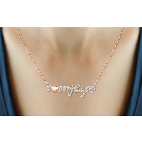 JewelonFire 1/4 Ctw White Diamond Rose Gold over Silver "I Love My Life" Pendant