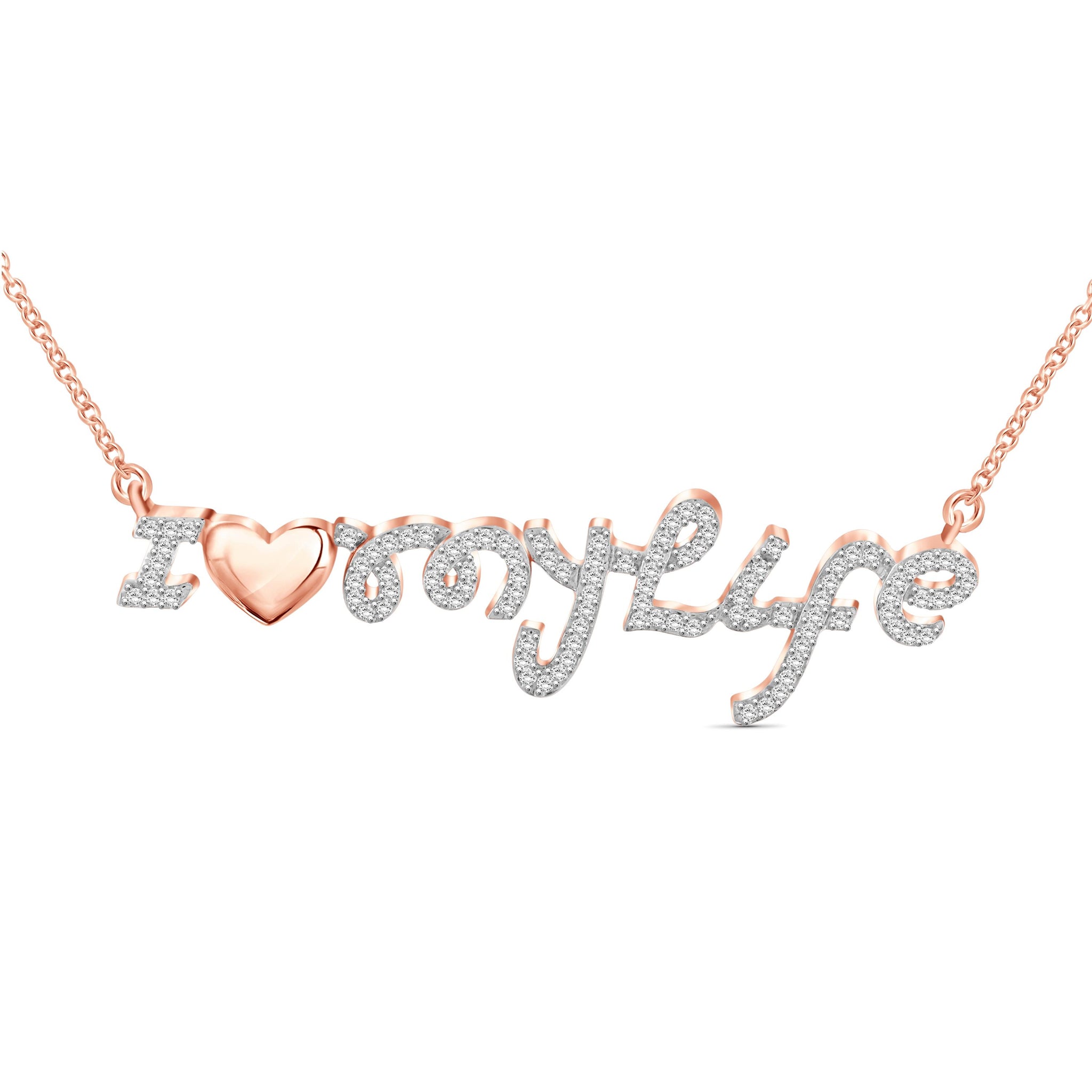 JewelonFire 1/4 Ctw White Diamond Rose Gold over Silver "I Love My Life" Pendant