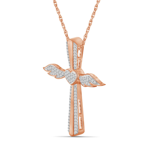 JewelonFire 1/4 Ctw White Diamond Angel Cross Pendant in Rose Gold over Silver