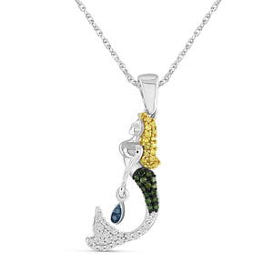 JewelonFire 1/5 Carat T.W. Multicolor Diamond Sterling Silver Mermaid Pendant