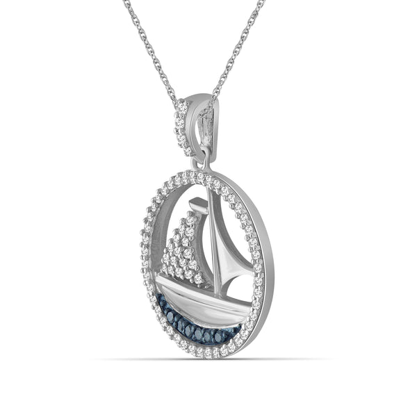 JewelonFire 1/4 Carat T.W. Blue And White Diamond Sterling Silver SailBoat Pendant