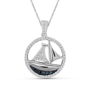 JewelonFire 1/4 Carat T.W. Blue And White Diamond Sterling Silver SailBoat Pendant