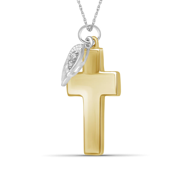 JewelonFire Accent White Diamond Cross with Feather Pendant in Two-Tone Sterling Silver