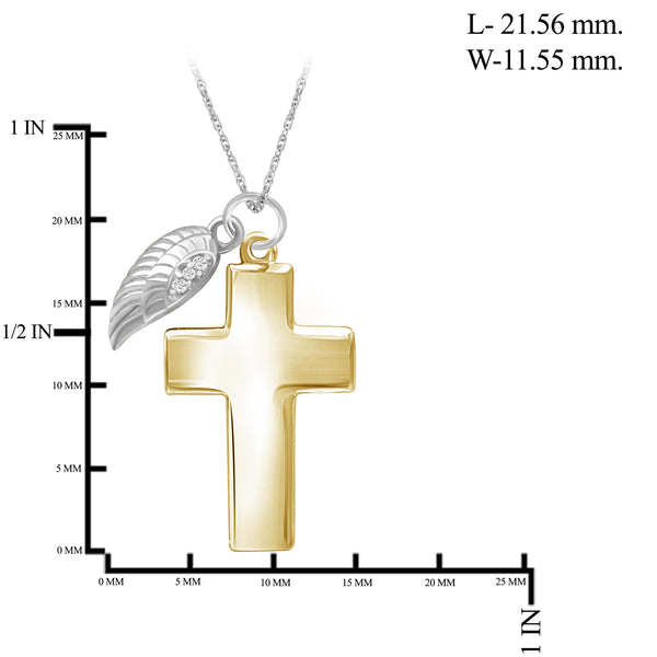 JewelonFire Accent White Diamond Cross with Feather Pendant in Two-Tone Sterling Silver