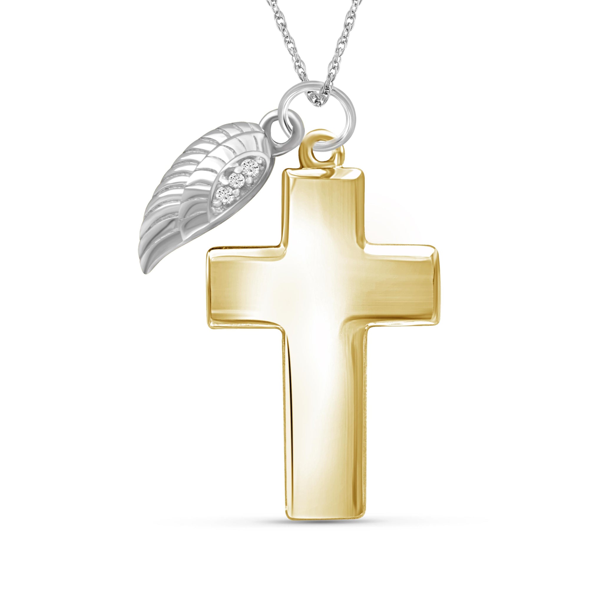 JewelonFire Accent White Diamond Cross with Feather Pendant in Two-Tone Sterling Silver