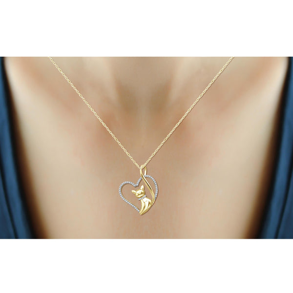 JewelonFire 1/7 Ctw White Diamond 14K Gold over Silver Cat Heart Pendant