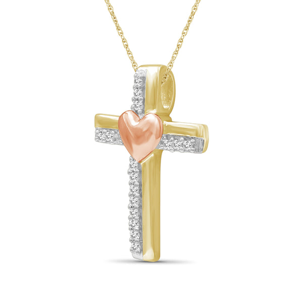 JewelonFire 1/10 Ctw White Diamond Heart Cross Pendant in Two-Tone Sterling Silver