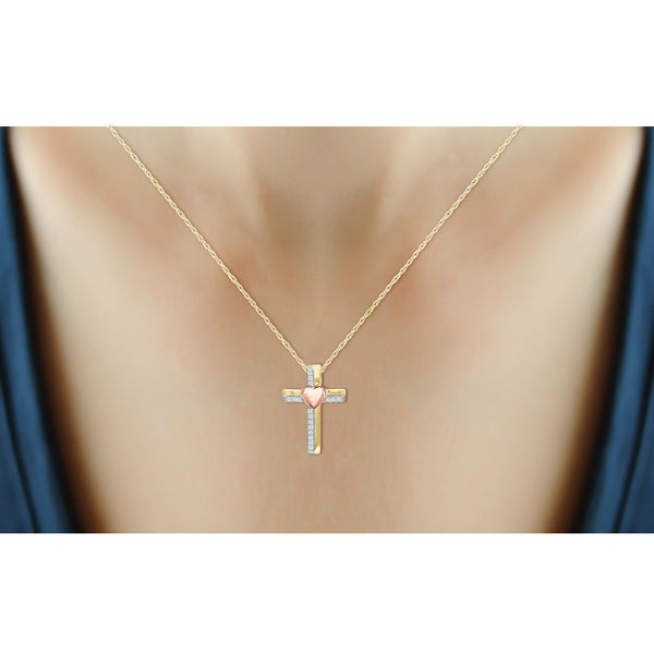 JewelonFire 1/10 Ctw White Diamond Heart Cross Pendant in Two-Tone Sterling Silver