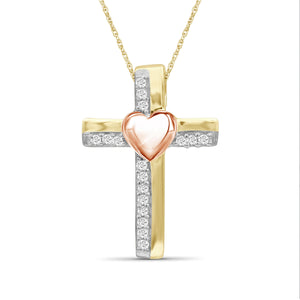 JewelonFire 1/10 Ctw White Diamond Heart Cross Pendant in Two-Tone Sterling Silver