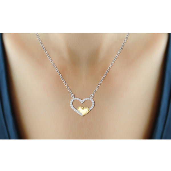 JewelonFire 1/7 Carat T.W. White Diamond Two Tone Silver Double Heart Pendant