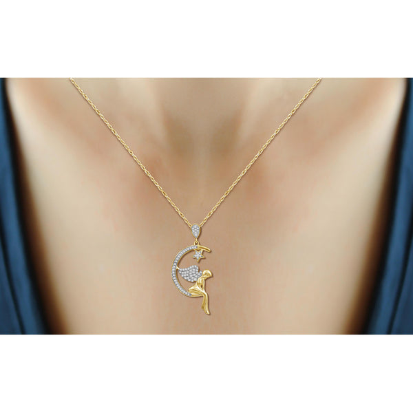 JewelonFire 1/5 Ctw White Diamond Angel on Moon Pendant in 14kt Gold over Silver